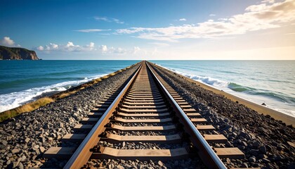Tranquil coastal railway track extends to the horizon, meeting the vast ocean beneath a vibrant sky.