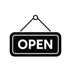 Black rectangular 'OPEN' sign hanging from a hook, indicating a business is ready for customers.