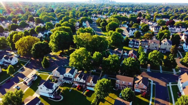 Aerial Drone View of South Jersey Neighborhood with Distant Skyline View of Philadelphia During Summer