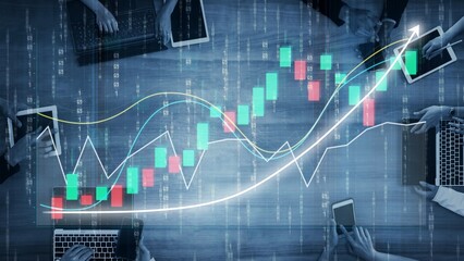 A dynamic representation of stock market activity showcasing financial charts, upward trends, and trading technology, ideal for investment and finance themes. Copula