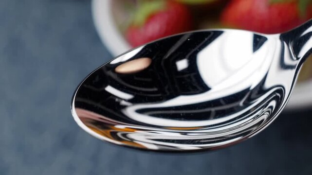 Silver Teaspoon Containing Dietary Supplement Pills on Colorful Fruity Background