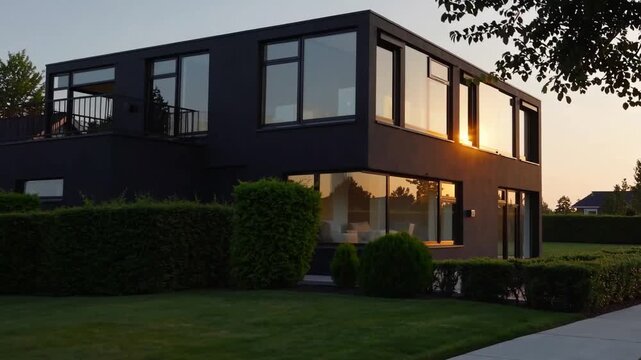 Modern Black-Colored House Situated in Suburban Neighborhood at Sunset