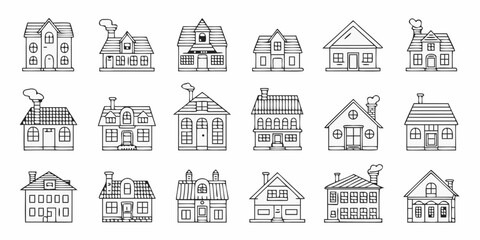 Collection of hand drawn doodle style houses and buildings in black and white outline