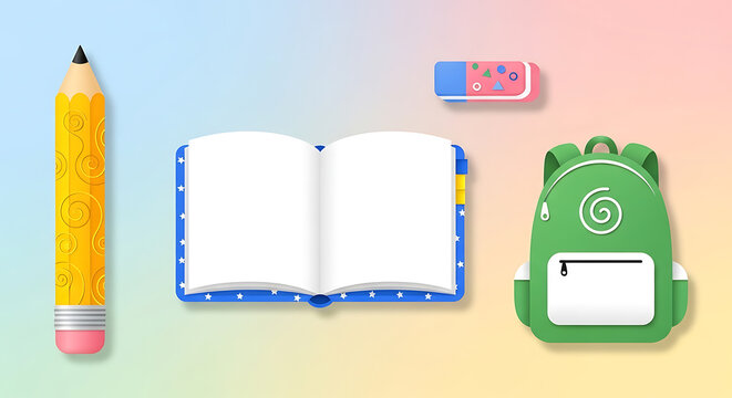 Whimsical back to school still life, with pastel gradient background colors