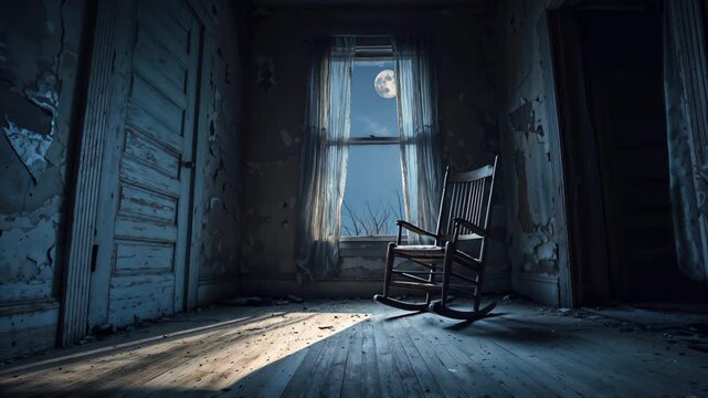 Video background. A rocking chair that rocks by itself in a sinister room with a window and a full moon outside. The room is dark and empty, giving it an eerie and mysterious atmosphere. For Halloween