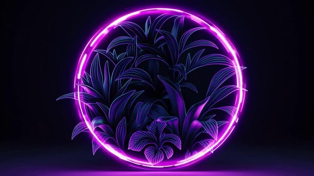 luminous circular neon sign incorporating botanical elements and foliage, designed as continuous animated sequence