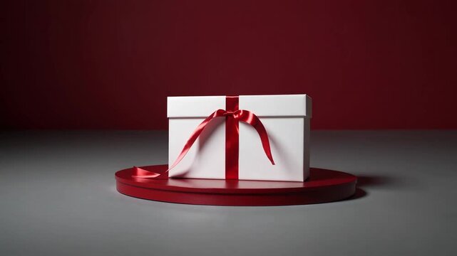White colored gift container positioned on red podium against red background