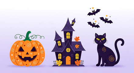 Enchanting Halloween Scene with Festive Pumpkin, Spooky Mansion and Black Cat