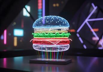 Savor the future of flavor with this dazzling holographic burger, a vibrant culinary innovation glowing with futuristic neon lights and exciting digital energy, perfect for modern food marketing.