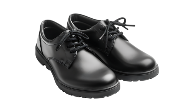 Illustration of pair of black leather dress shoes isolated on transparent background, perfect for formal occasions, business meetings, or school uniforms, showcasing classic style and elegance