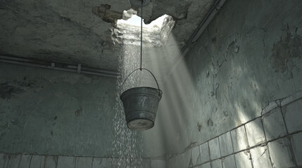 leaky roof causing steady drip through cracked ceiling plaster into metal bucket dust motes in sunbeam rustic interior illustration concept scene visual for commercial design use detail quality stock