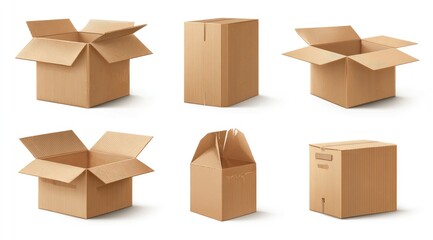 Set of various open and closed cardboard boxes