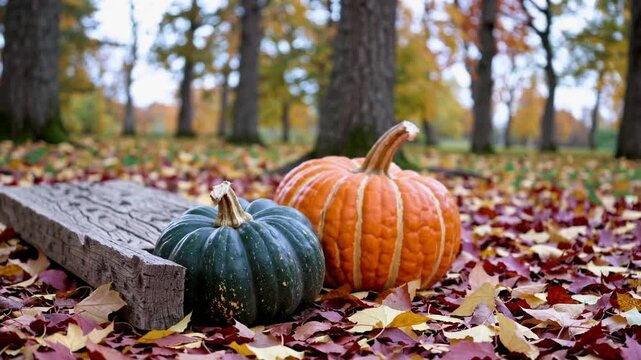 Thanksgiving Themed Background with Pumpkins and Falling Autumn Leaves on Rustic Wooden Plank