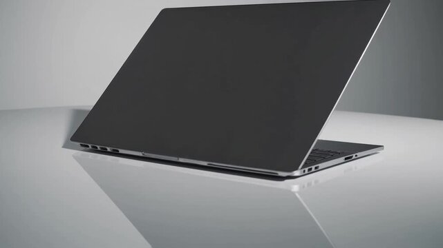 Metallic-finish laptop computer exhibiting blank display screen with isolated path for graphic editing