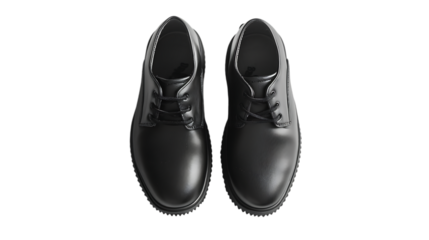 Illustration of top view of black leather dress shoes isolated on transparent background, showcasing a stylish and elegant design, perfect for formal occasions, business meetings, or school uniforms