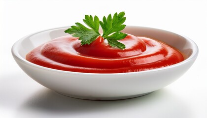 fresh tomato ketchup served in a white bowl garnished with a sprig of parsley isolated on a white background
