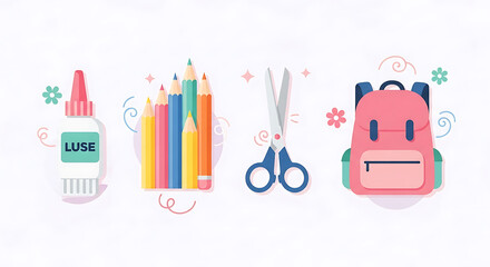Colorful school essentials vector illustration set for creative education