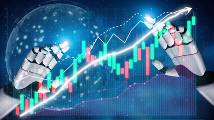 Dynamic visualization of robotic hands engaging with stock market trends, symbolizing advanced technology and financial analysis in a futuristic setting. Copula