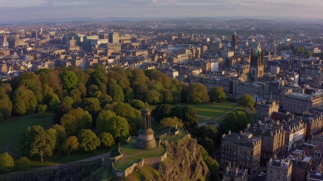 Aerial perspective of the urban skyline from prominent hilltop location in historic UK city