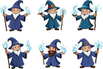 Cartoon wizard characters with magic staffs, casting spells, blue robes, fantasy sorcerers illustration, mystical magical wizards for fairytale design