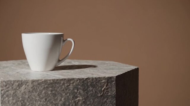 white ceramic coffee mug mockup placed on stone podium against beige terracotta background with blank copy space for advertising text
