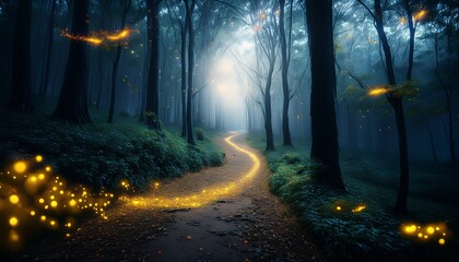 Obraz premium a haunted forest path with glowing fireflies