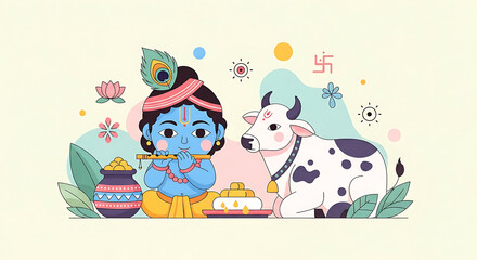 Charming Illustration of Little Krishna Playing Flute Beside a Gentle Cow
