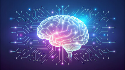 Fototapeta premium “Glowing Brain with Neural Circuitry – Concept of Artificial Intelligence and Cognitive Technology”