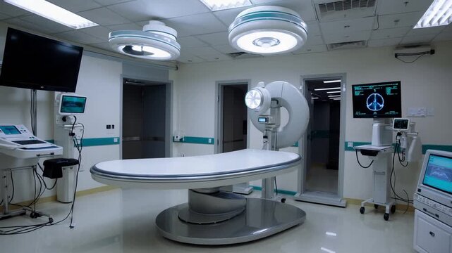 Remotely Operated X-Ray Imaging Equipment Radiographic and Fluoroscopic Diagnostic System with Rotating Table Operating Room with X-Ray and Mammography Breast Screening Device in Hospital