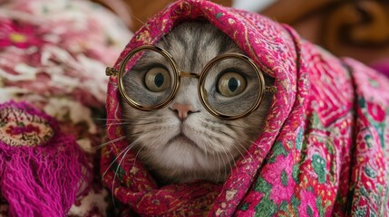 Playful cat dressed as old grandmother with comic look and funny style