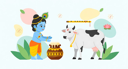 Naklejka premium Whimsical depiction of Krishna, the sacred cow, and traditional elements