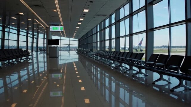 empty airport departure lounge area with view of airplane taking off on the runway