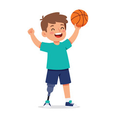 Boy with Prosthetic Leg Playing Basketball Wearing Casual Clothes Smiling Cheerful Active Lifestyle Illustration 