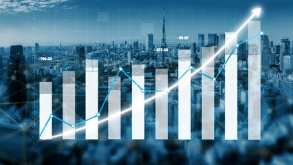 A dynamic financial growth visualization featuring upward charts against a stunning city skyline, representing success and development in modern businesses. Copula