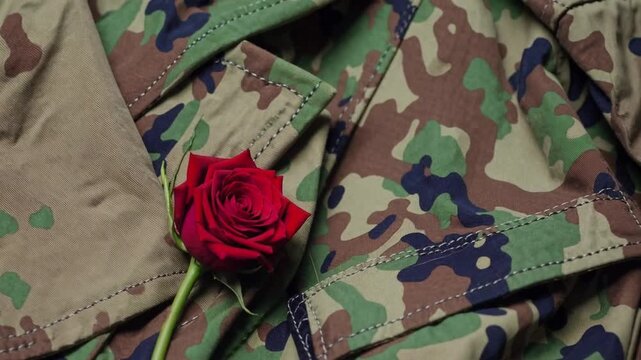 highly detailed of crimson flower placed upon patterned fabric uniform designed for concealment