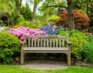 Park Bench in Blooming Garden