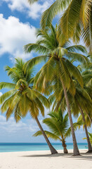 Obraz premium Lush green palm trees on a white sandy beach, turquoise ocean background, sunny day, evokes tropical vacation, paradise, summer vibes