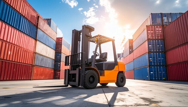 A modern, powerful forklift standing idle amidst a landscape of stacked ocean containers, bathed in bright daylight, highlighting the machinery used in international trade and cargo handling