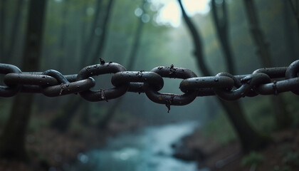 Rusty chain in foggy forest background
