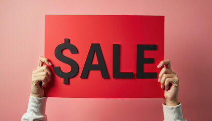Hands holding sale sign against pink background
