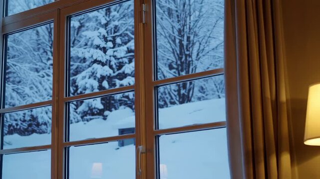 Realistic Winter Snowfall View Through Window with Cozy Indoor Light and Cinematic Atmosphere