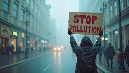 Activist holding stop pollution sign in foggy urban street
