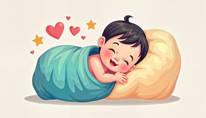 Happy baby sleeping peacefully on a soft pillow  
