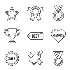 Set of minimalist outline icons representing achievement, quality, and retail concepts