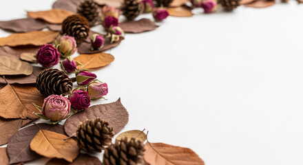 Dried roses pine cones and autumn leaves arranged on white background creating elegant natural border with ample free space for text or design ideal for fall-themed invitations or autumnal branding