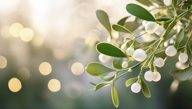 mistletoe with soft bokeh lights creates a serene festive background in gentle green and cream tones