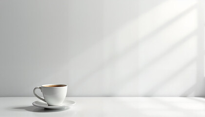 Coffee cup on white table with bright shadows
