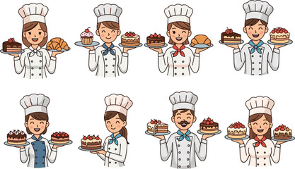 Professional pastry chefs holding delicious desserts, cakes, pastries, and cupcakes, smiling bakery staff in uniform, culinary team dessert presentation