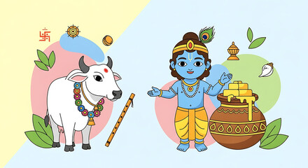 Naklejka premium Deity Krishna with sacred cow vector illustration for traditional celebration