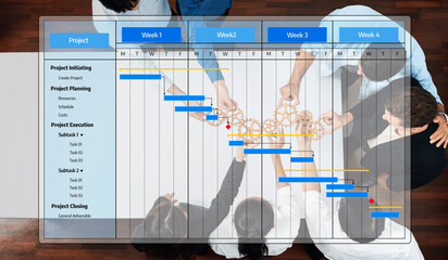 This image showcases a detailed project management overview, highlighting a Gantt chart while...
